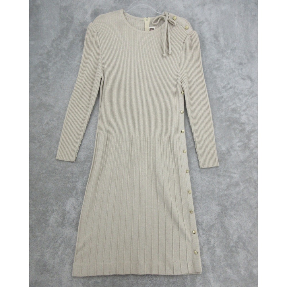 True Vintage Keith Adams Sweater Dress Womens Size M Ribbed Modest Midi 70s Tan